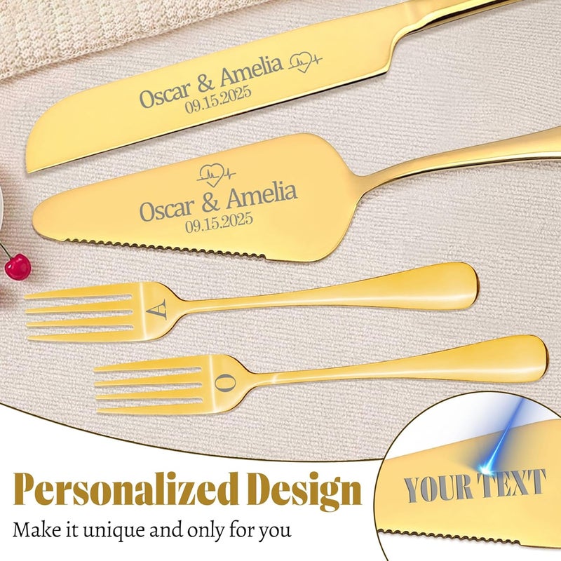 HJX Personalized 4 Piece Cake Cutting Set for Wedding - Custom Cake Knife and Server Set with Forks, Cake Cutter Set Ideal for Wedding Anniversary Bridal Gifts (Gold) - Image 4